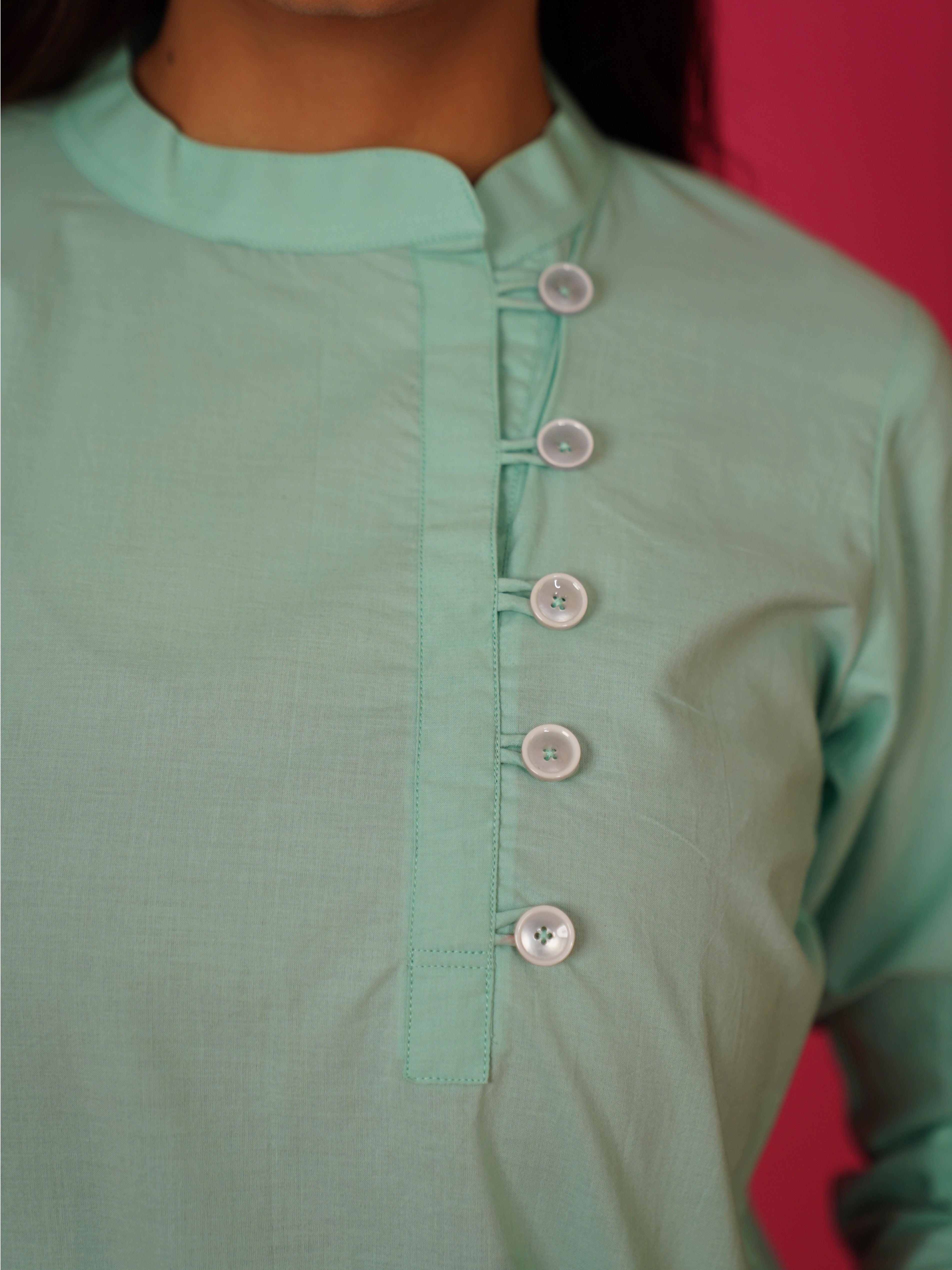 Navdana Green Mandarin Collar Cotton Top – Sita