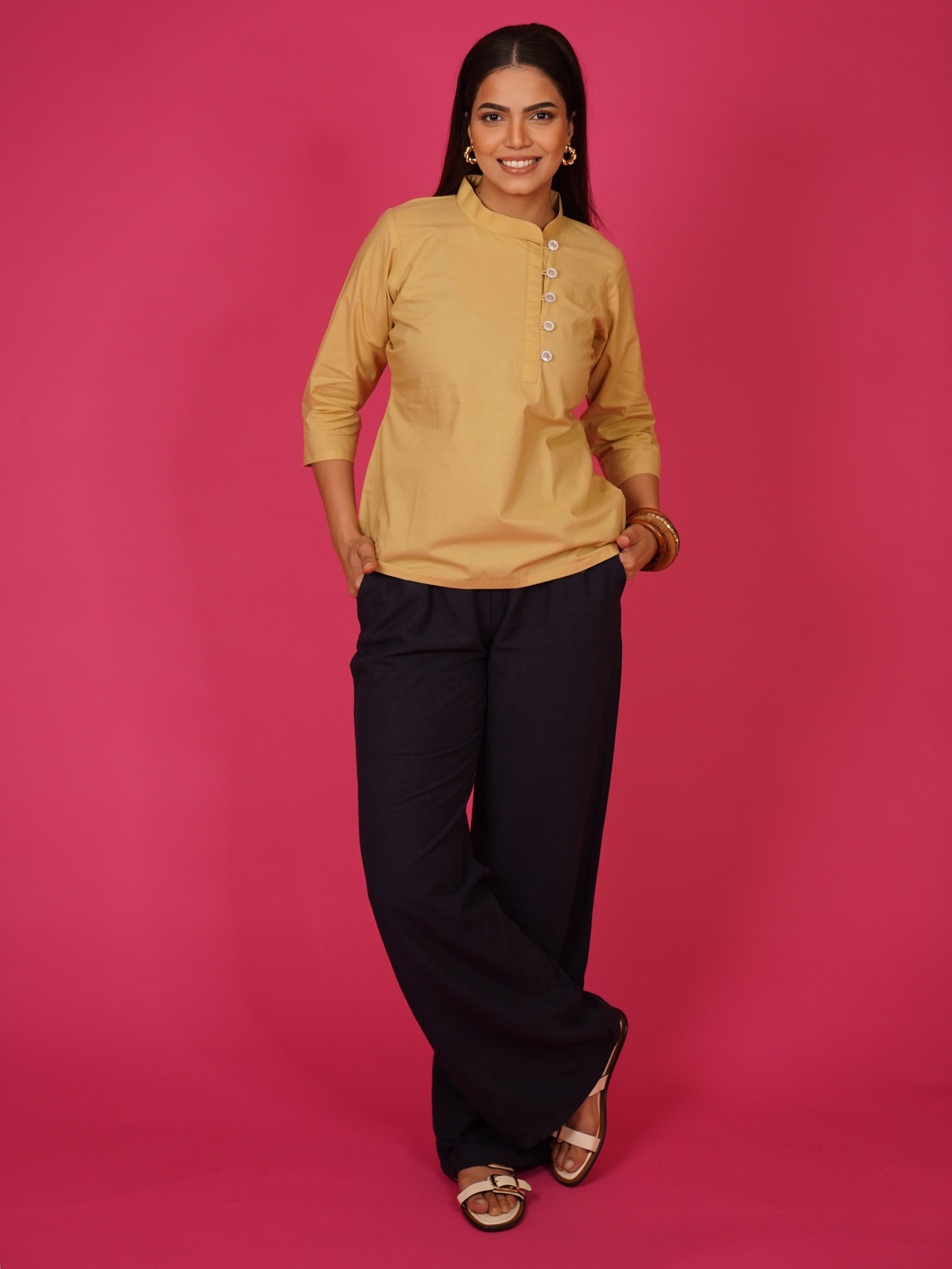 Navdana Beige Mandarin Collar Cotton Top – Rita