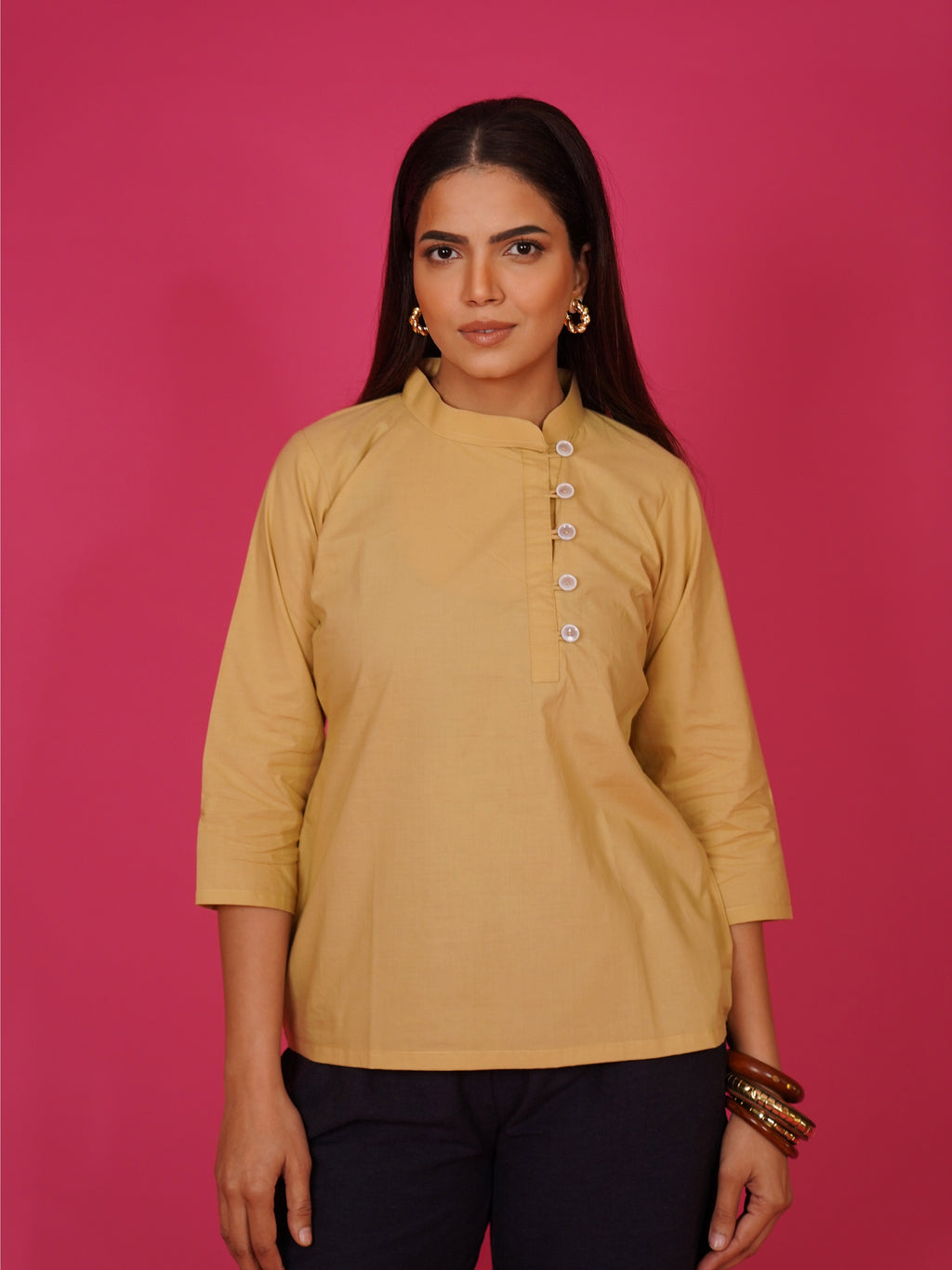 Navdana Beige Mandarin Collar Cotton Top – Rita