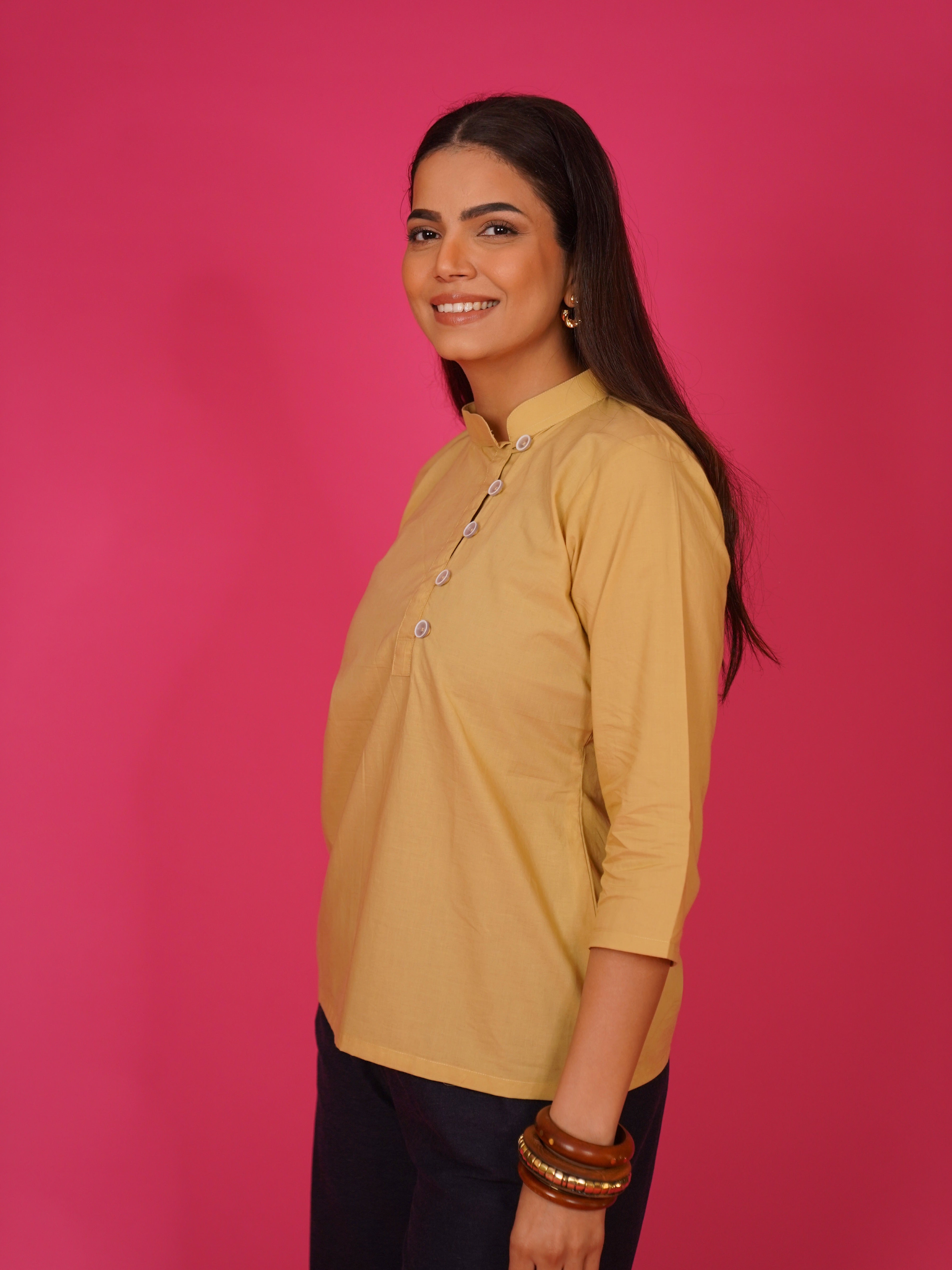 Navdana Beige Mandarin Collar Cotton Top – Rita
