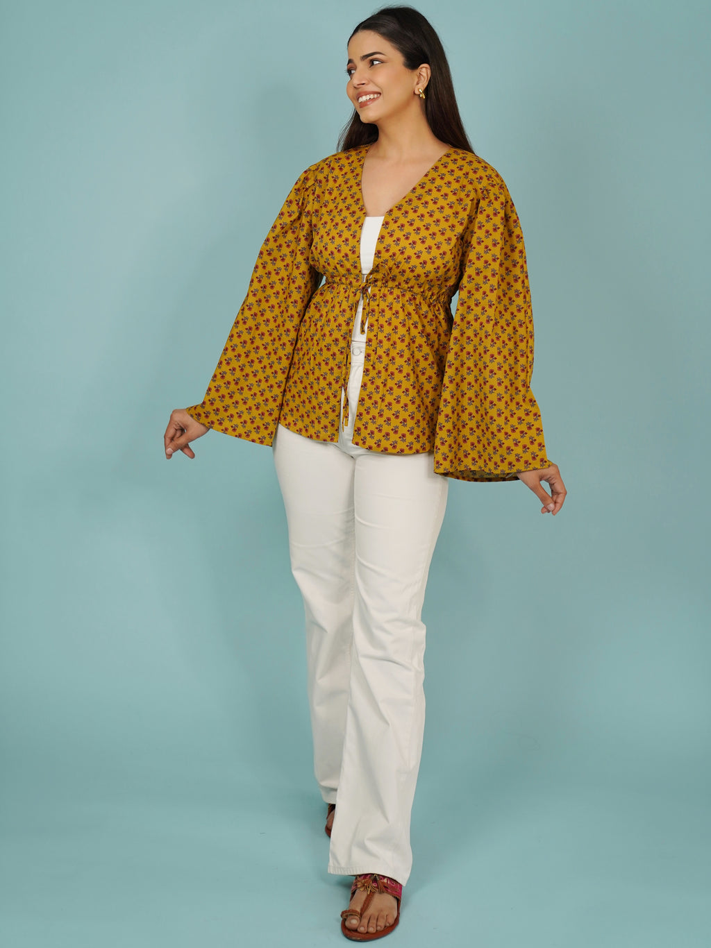 Navdana Mustard Front Tie-Up Cotton Top – Kanak