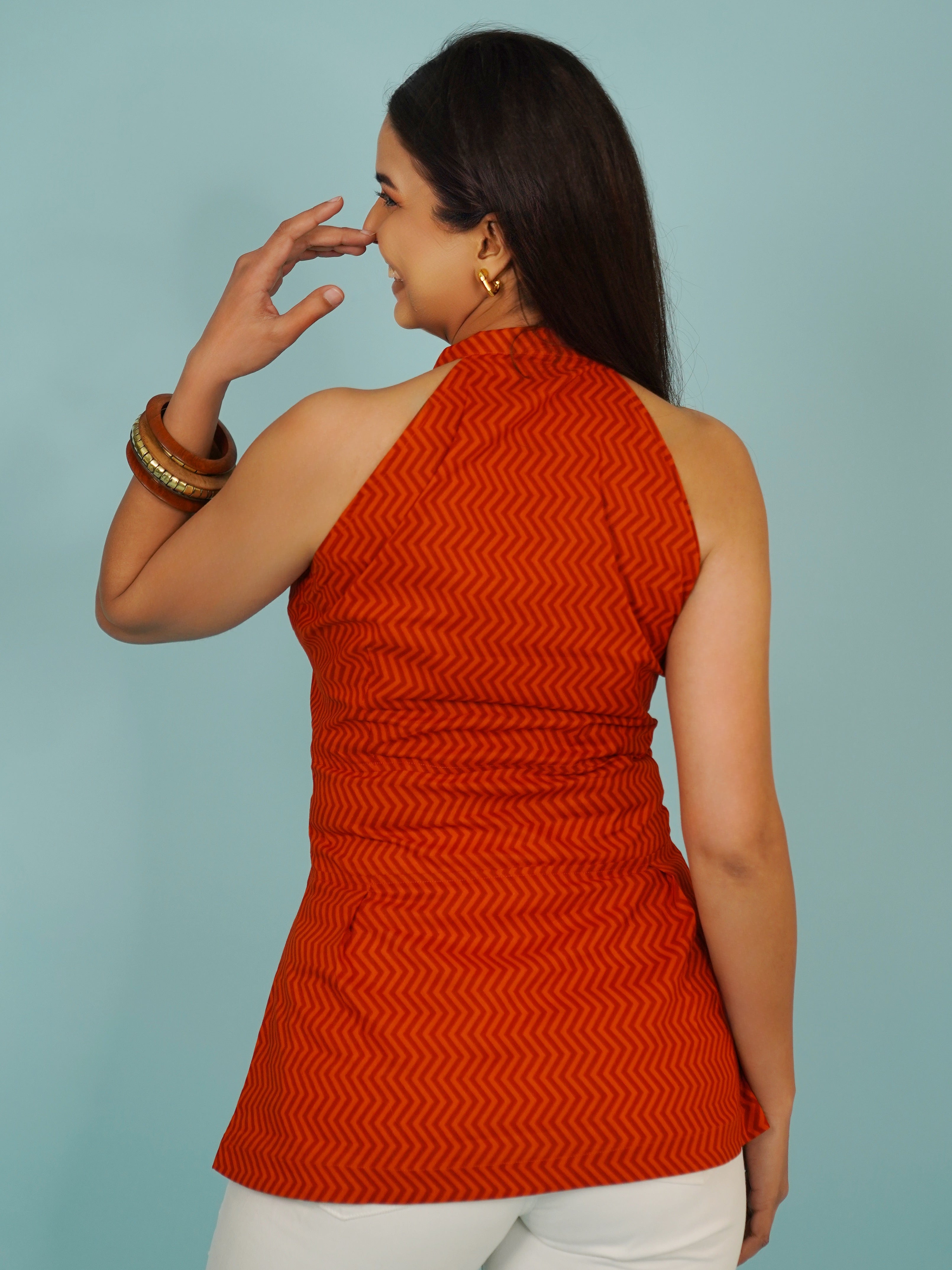 Navdana Zig-Zag Print Orange Fitted Top – Leher