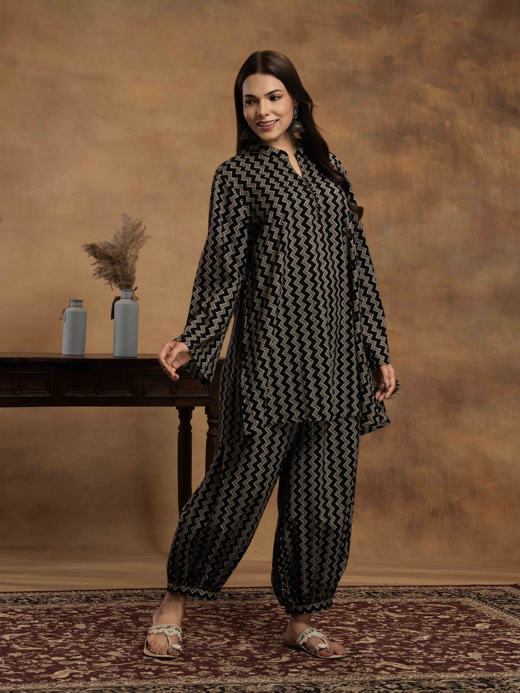 Navdana Black & Grey Zig-Zag Stripe Kurti and Afghani Pants Kurta Set - NAGMA